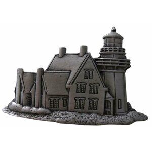 JJ Jonette Guiding Light Lighthouse Cottage Pin Brooch Pewter Signed 1 3/4"